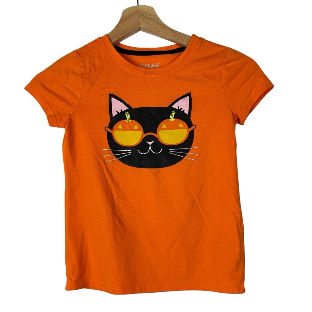 Cat & Jack Orange Halloween Black Cat Jack O Lantern Short Sleeve T-Shirt 6